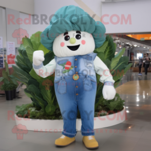 nan Cauliflower mascot costume character dressed with a Boyfriend Jeans and Hat pins