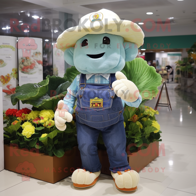 nan Cauliflower mascot costume character dressed with a Boyfriend Jeans and Hat pins