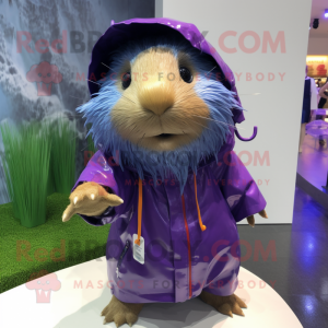 Purple Guinea Pig mascot costume character dressed with a Raincoat and Bracelets