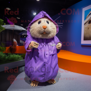 Purple Guinea Pig mascot costume character dressed with a Raincoat and Bracelets