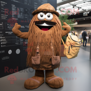 Brown Spaghetti mascot costume character dressed with a Dungarees and Backpacks