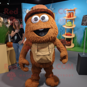 Brown Spaghetti mascot costume character dressed with a Dungarees and Backpacks