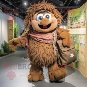 Brown Spaghetti mascot costume character dressed with a Dungarees and Backpacks