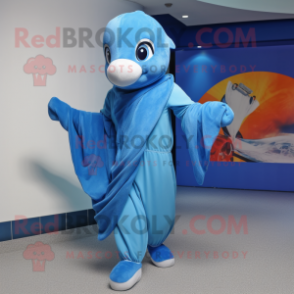 Blue Dolphin mascot costume character dressed with a Capri Pants and Scarves