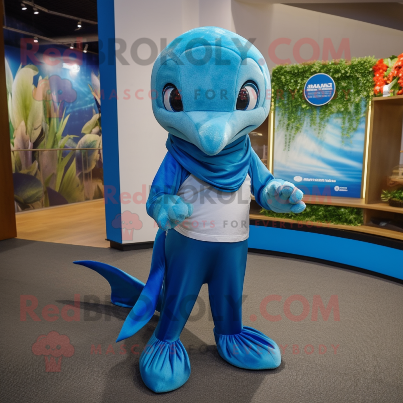 Blue Dolphin mascot costume character dressed with a Capri Pants and Scarves Blue Dolphin mascot costume character dressed with a Capri Pants and Scarves