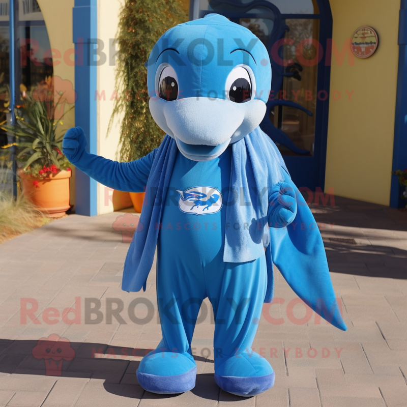 Blue Dolphin mascot costume character dressed with a Capri Pants and Scarves