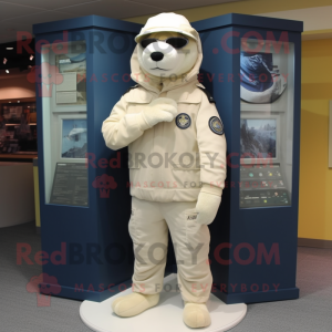 Cream Navy Seal mascot costume character dressed with a Turtleneck and Caps