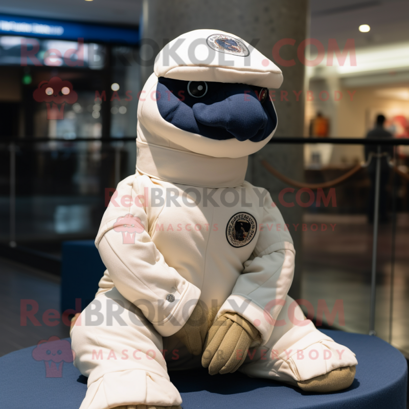 Cream Navy Seal mascot costume character dressed with a Turtleneck and Caps Cream Navy Seal mascot costume character dressed with a Turtleneck and Caps