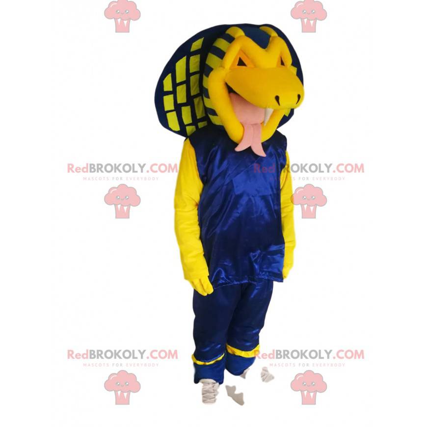 Yellow cobra snake mascot in blue outfit. Snake costume -