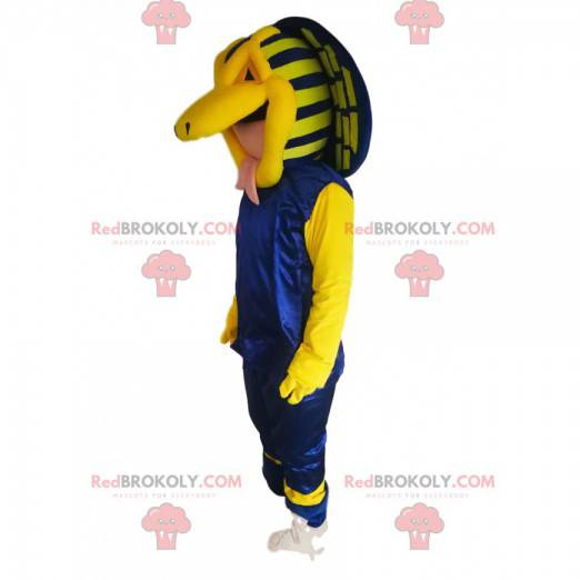 Yellow cobra snake mascot in blue outfit. Snake costume -