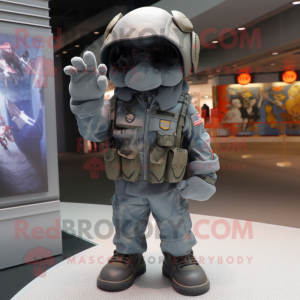 Gray Soldier mascot costume character dressed with a Moto Jacket and Backpacks