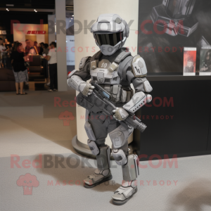 Gray Soldier mascot costume character dressed with a Moto Jacket and Backpacks