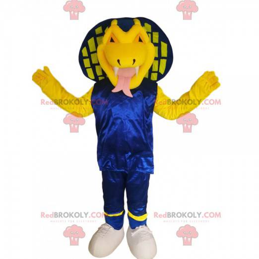 Mascotte serpente cobra giallo in abito blu. Costume da
