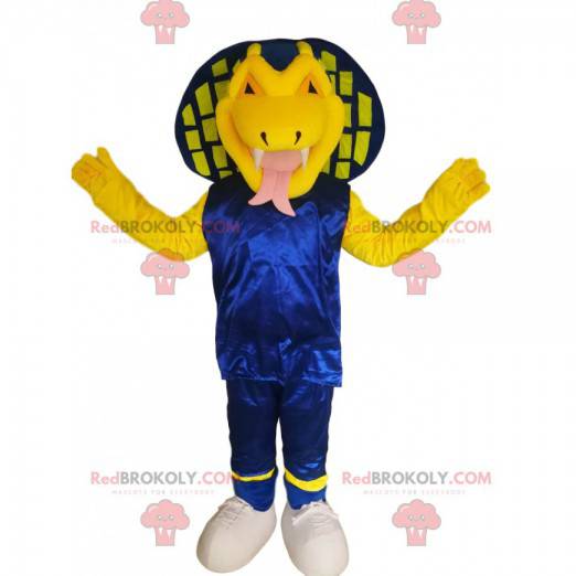 Yellow cobra snake mascot in blue outfit. Snake costume -