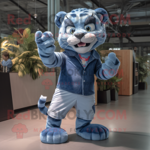 Blue Tiger mascot costume character dressed with a Denim Shorts and Ties