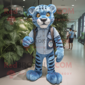 Blue Tiger mascot costume character dressed with a Denim Shorts and Ties