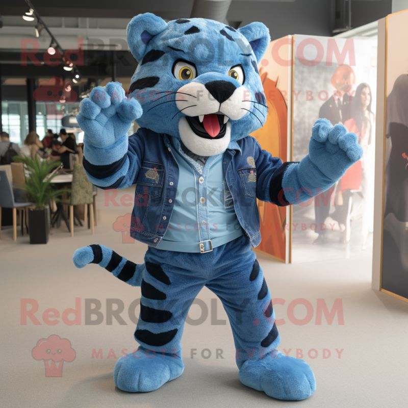 Blue Tiger mascot costume character dressed with a Denim Shorts and Ties