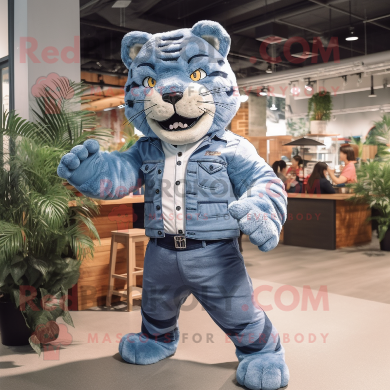 Blue Tiger mascot costume character dressed with a Denim Shorts and Ties