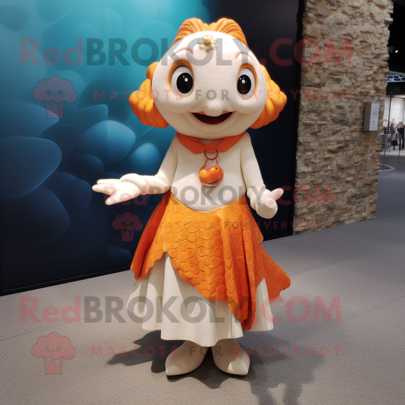 Cream Goldfish mascot costume character dressed with a Midi Dress and Bracelets