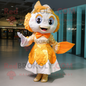Cream Goldfish mascot costume character dressed with a Midi Dress and Bracelets