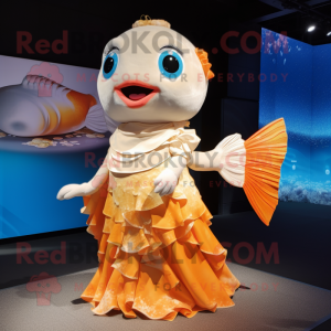 Cream Goldfish mascot costume character dressed with a Midi Dress and Bracelets