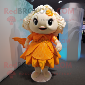Cream Goldfish mascot costume character dressed with a Midi Dress and Bracelets