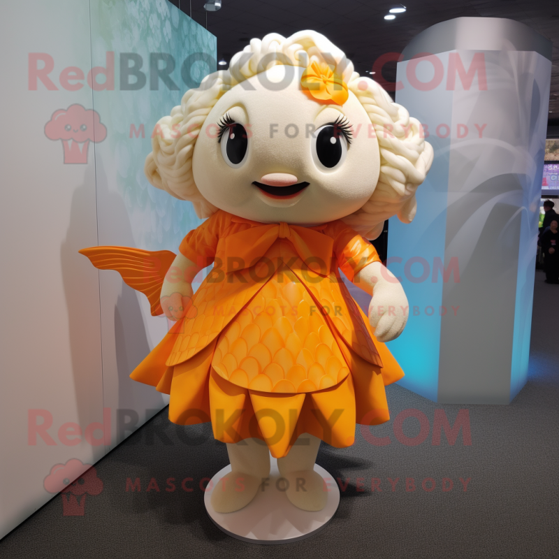 Cream Goldfish mascot costume character dressed with a Midi Dress and Bracelets Cream Goldfish mascot costume character dressed with a Midi Dress and Bracelets