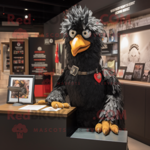 Black Chicken mascot costume character dressed with a Henley Tee and Lapel pins