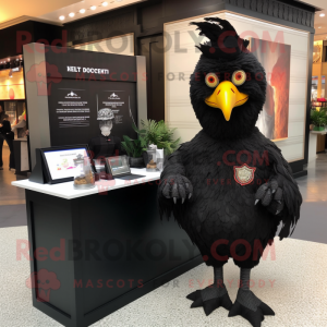 Black Chicken mascot costume character dressed with a Henley Tee and Lapel pins