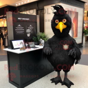 Black Chicken mascot costume character dressed with a Henley Tee and Lapel pins