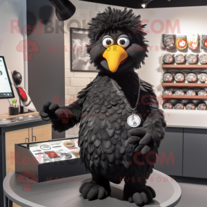 Black Chicken mascot costume character dressed with a Henley Tee and Lapel pins