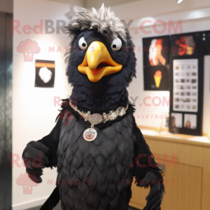 Black Chicken mascot costume character dressed with a Henley Tee and Lapel pins