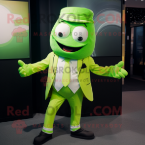 Lime Green Ice mascot costume character dressed with a Blazer and Suspenders