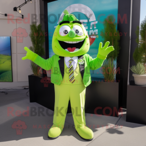 Lime Green Ice mascot costume character dressed with a Blazer and Suspenders