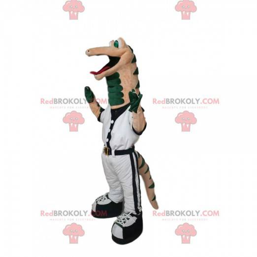 Green and beige reptile mascot in sportswear. Reptile costume -