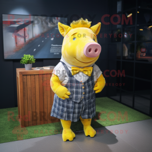 Yellow Sow mascot costume character dressed with a Skirt and Pocket squares