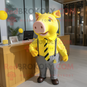 Yellow Sow mascot costume character dressed with a Skirt and Pocket squares