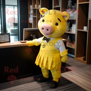 Yellow Sow mascot costume character dressed with a Skirt and Pocket squares