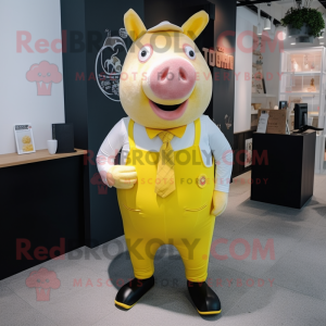 Yellow Sow mascot costume character dressed with a Skirt and Pocket squares