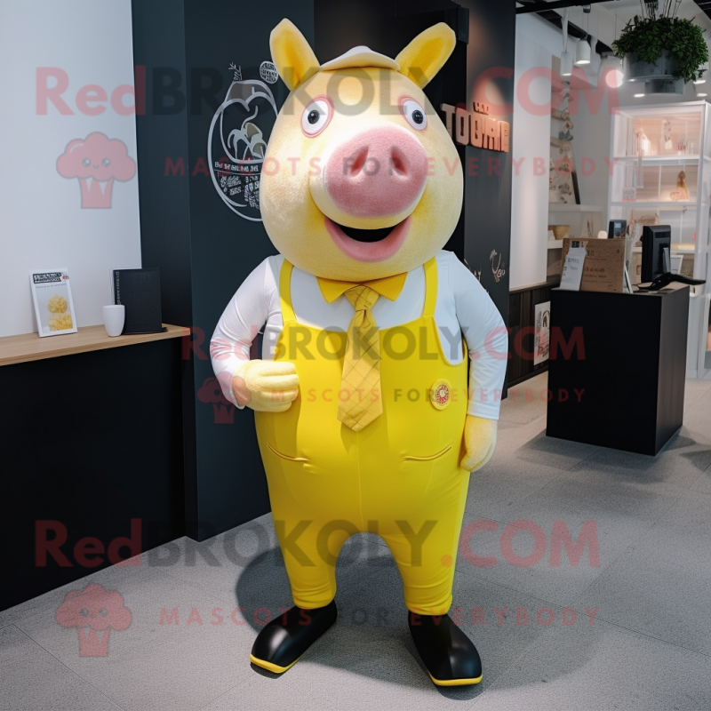 Yellow Sow mascot costume character dressed with a Skirt and Pocket squares Yellow Sow mascot costume character dressed with a Skirt and Pocket squares