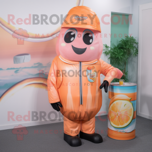 Peach Soda Can mascot costume character dressed with a Jumpsuit and Necklaces