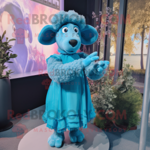 Blue Merino Sheep mascot costume character dressed with a Midi Dress and Gloves