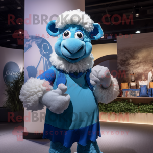 Blue Merino Sheep mascot costume character dressed with a Midi Dress and Gloves