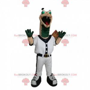 Green and beige reptile mascot in sportswear. Reptile costume -