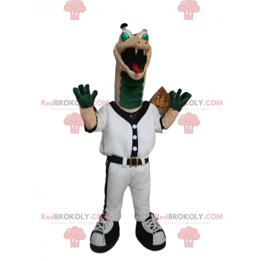 Mascota reptil verde y beige en ropa deportiva. Disfraz de