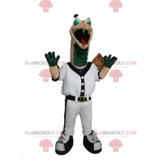Mascota reptil verde y beige en ropa deportiva. Disfraz de