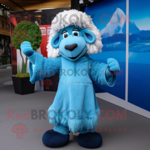 Blue Merino Sheep mascot costume character dressed with a Midi Dress and Gloves