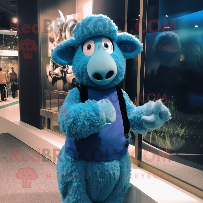 Blue Merino Sheep mascot costume character dressed with a Midi Dress and Gloves