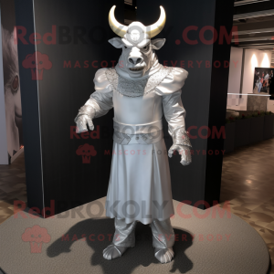 Silver Minotaur mascot costume character dressed with a Wedding Dress and Hat pins