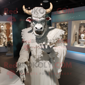 Silver Minotaur mascot costume character dressed with a Wedding Dress and Hat pins